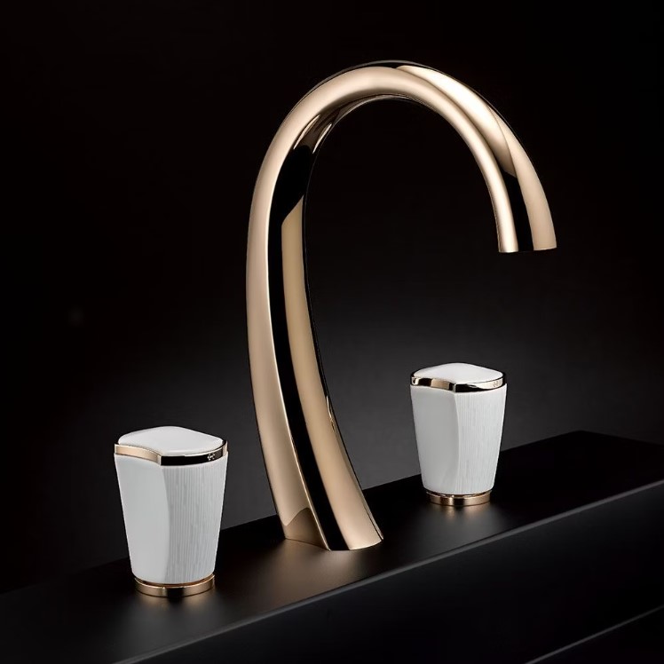 Смеситель для раковины THG Infini Porcelaine U2D-H53-151M (золотой матовое, белый), с донным клапаном, для мраморных столешниц