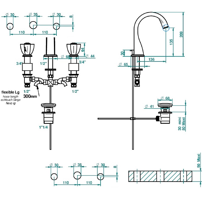 Смеситель для раковины THG Petale de cristal bleu U6B-F01-151 (золотой, синий хрусталь), с донным клапаном