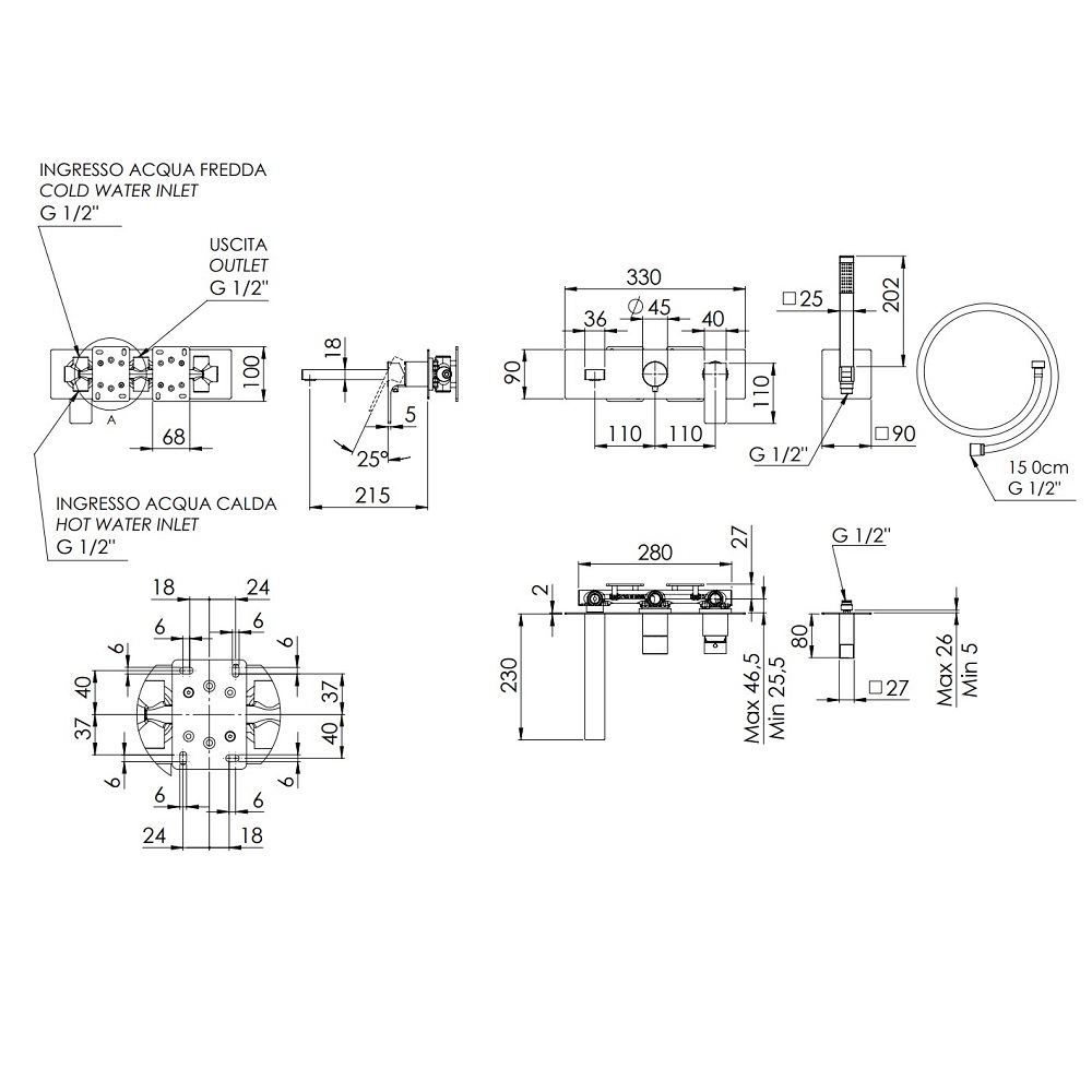 Смеситель для ванны и душа Remer Absolute AU54D2BO (белый матовый), 2 потока, скрытая часть в комплекте
