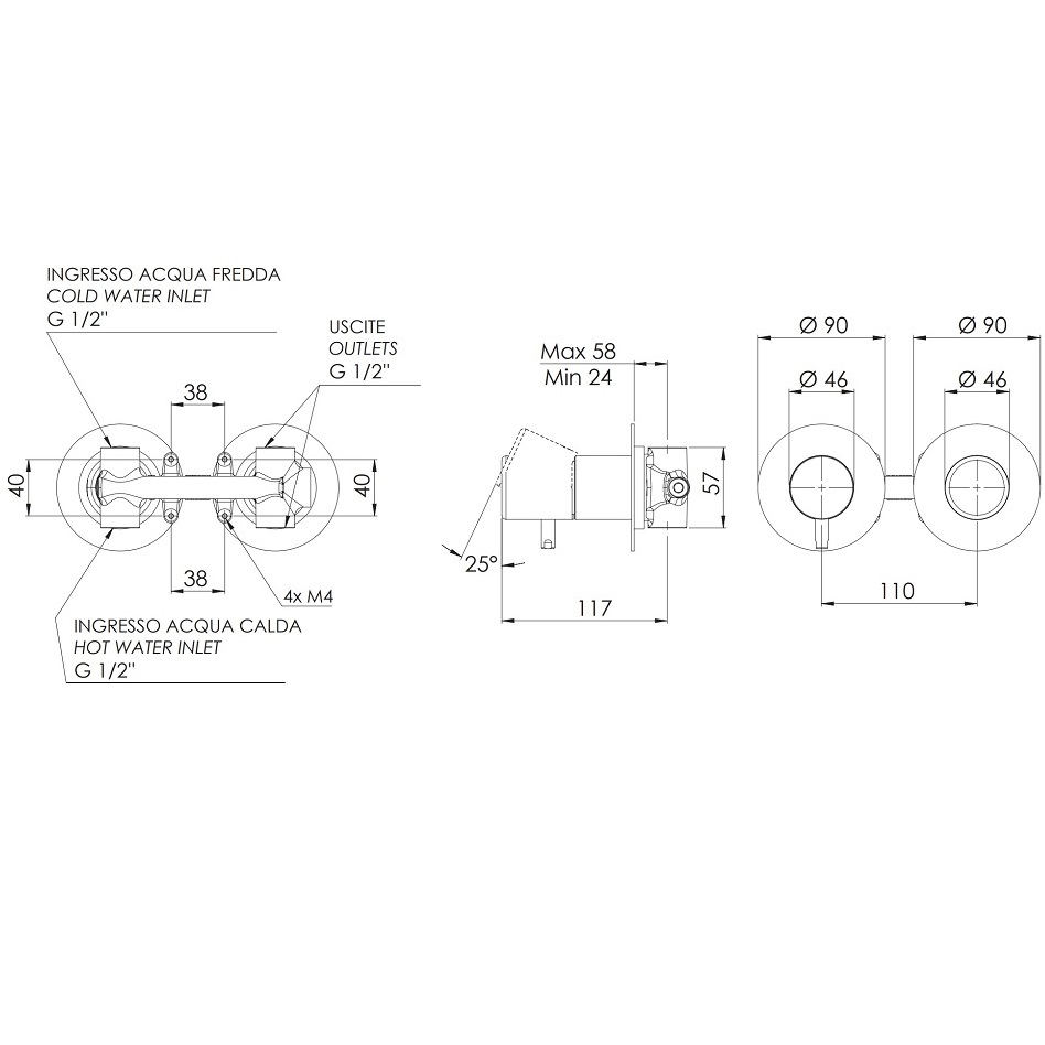 Смеситель для ванны и душа Remer Dot DT92ZPBO (белый матовый), 2 потока, скрытая часть в комплекте