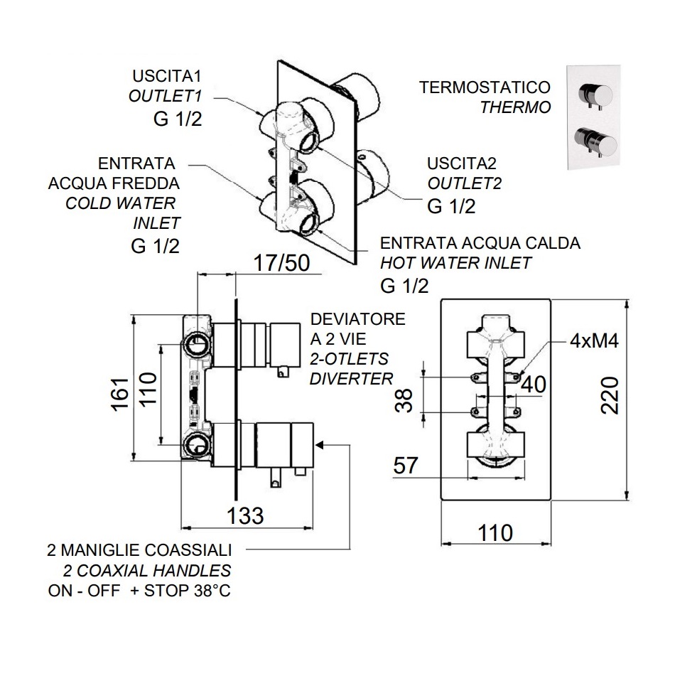 Смеситель для ванны и душа Remer Minimal Thermo NT92Q (хром), 2 потока, скрытая часть в комплекте, с термостатом