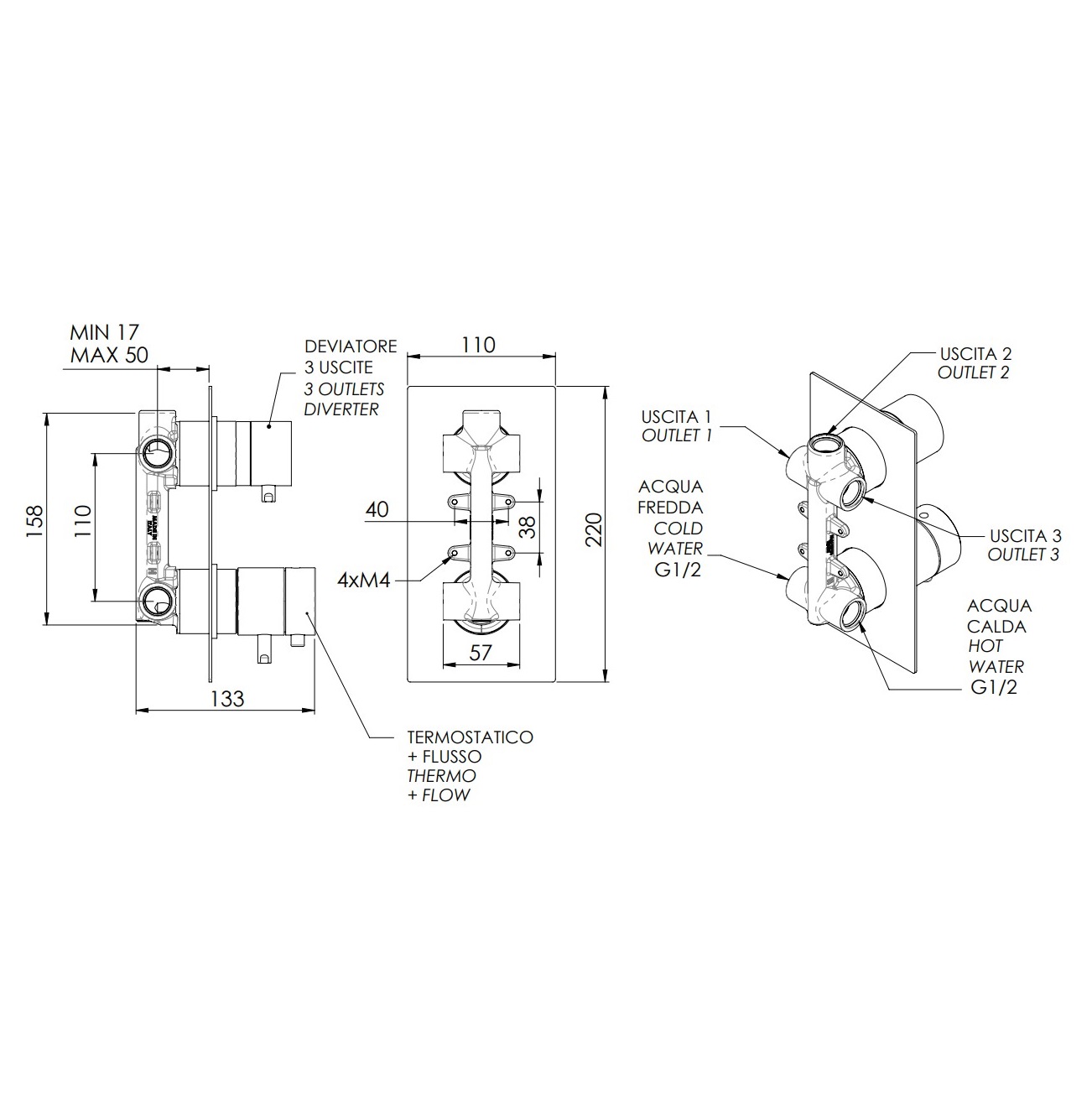 Смеситель для ванны и душа Remer Minimal Thermo NT93Q (хром), 3 потока, скрытая часть в комплекте, с термостатом
