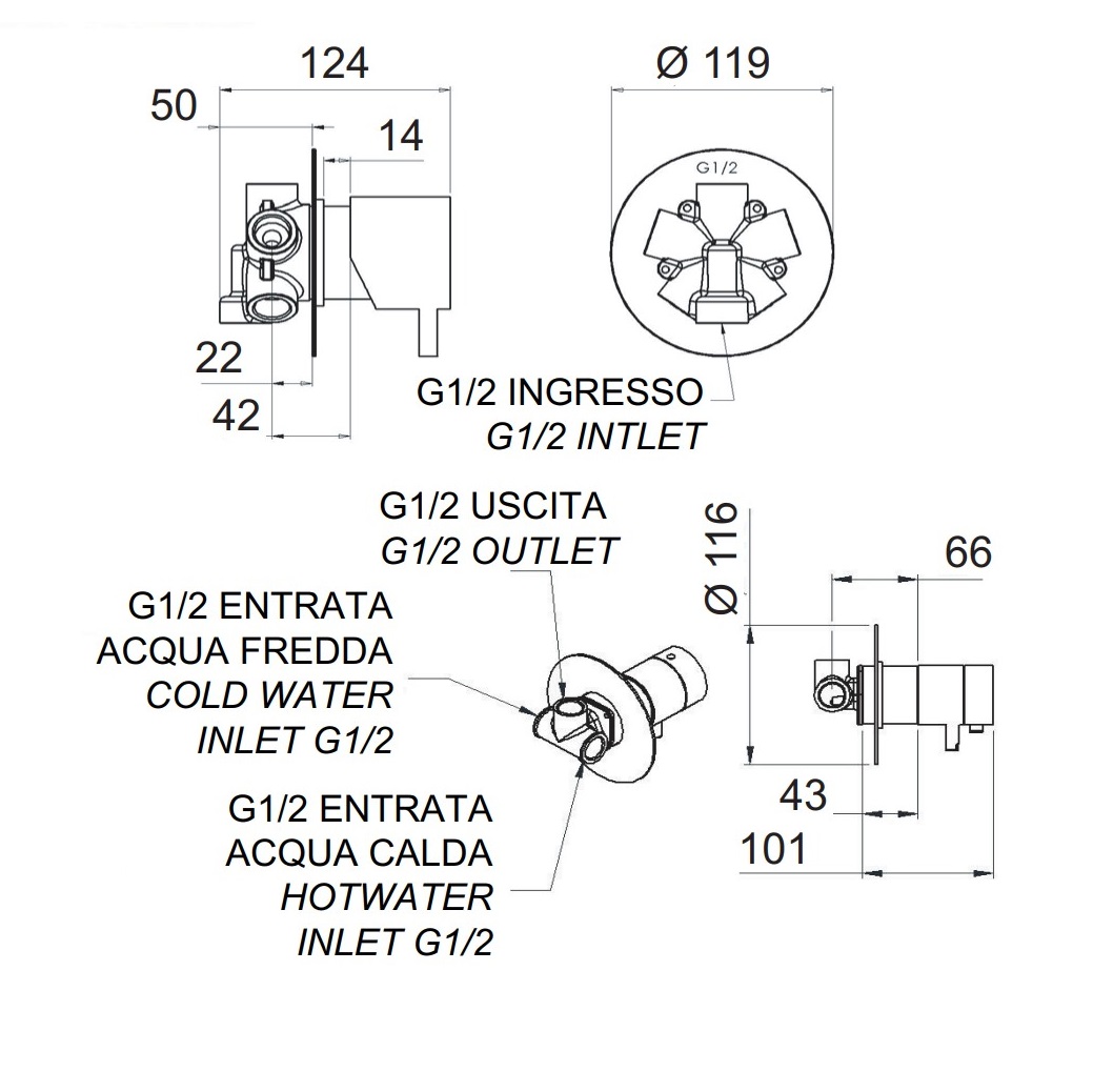 Смеситель для ванны и душа Remer Minimal Thermo NT94C (хром), 4 потока, скрытая часть в комплекте, с термостатом