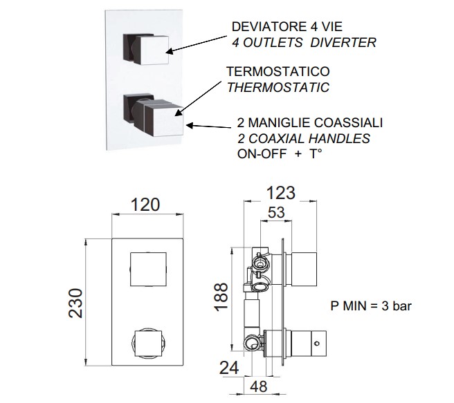 Смеситель для ванны и душа Remer Qubika Thermo QT94 (хром)