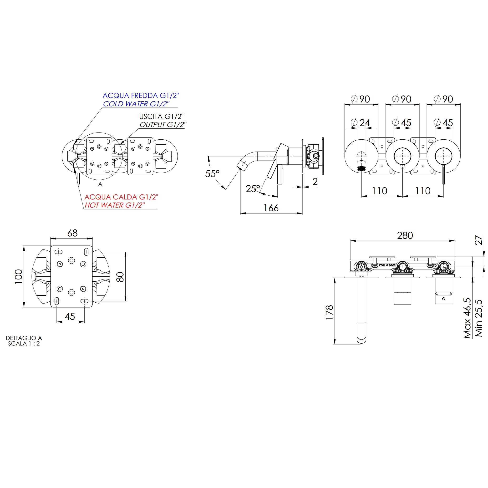 Смеситель для ванны скрытого монтажа Remer Metrica MC54D2PRP (медь брашированная), с изливом