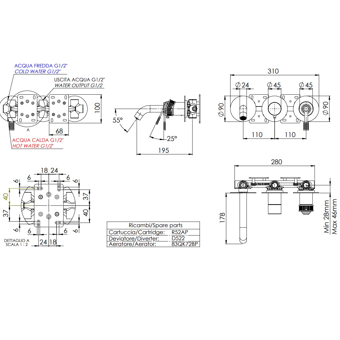 Смеситель для ванны скрытого монтажа Remer Atelier AL54D2PXV (сталь), с изливом