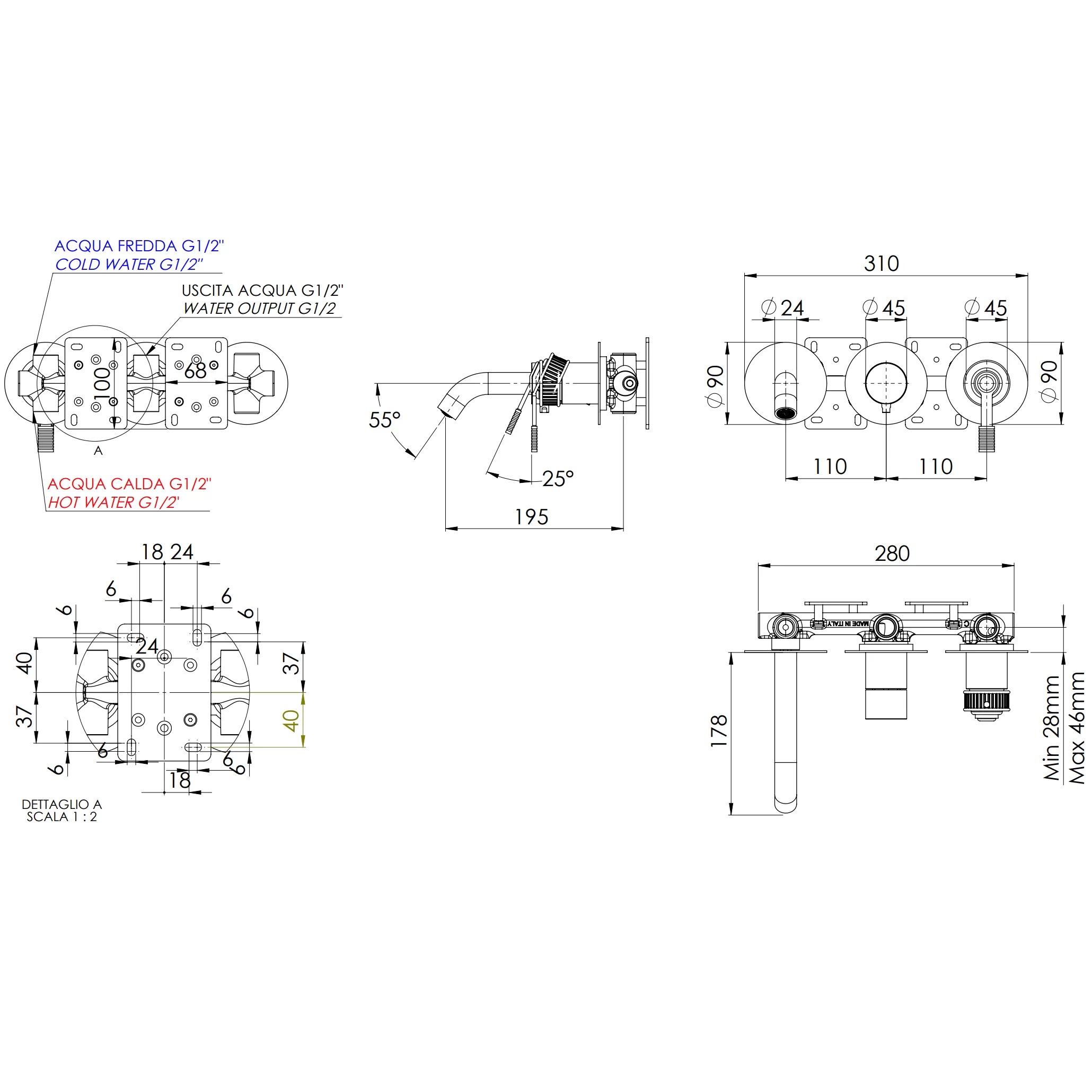 Смеситель для ванны скрытого монтажа Remer Atelier AL54D3PRP (медь брашированная), с изливом