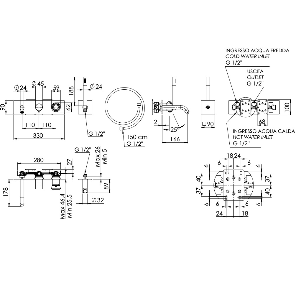 Смеситель для ванны скрытого монтажа Remer Element ET53D2DO (золотой)
