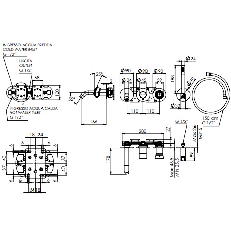 Смеситель для ванны скрытого монтажа Remer Element ET53D2PRP (медь брашированная)