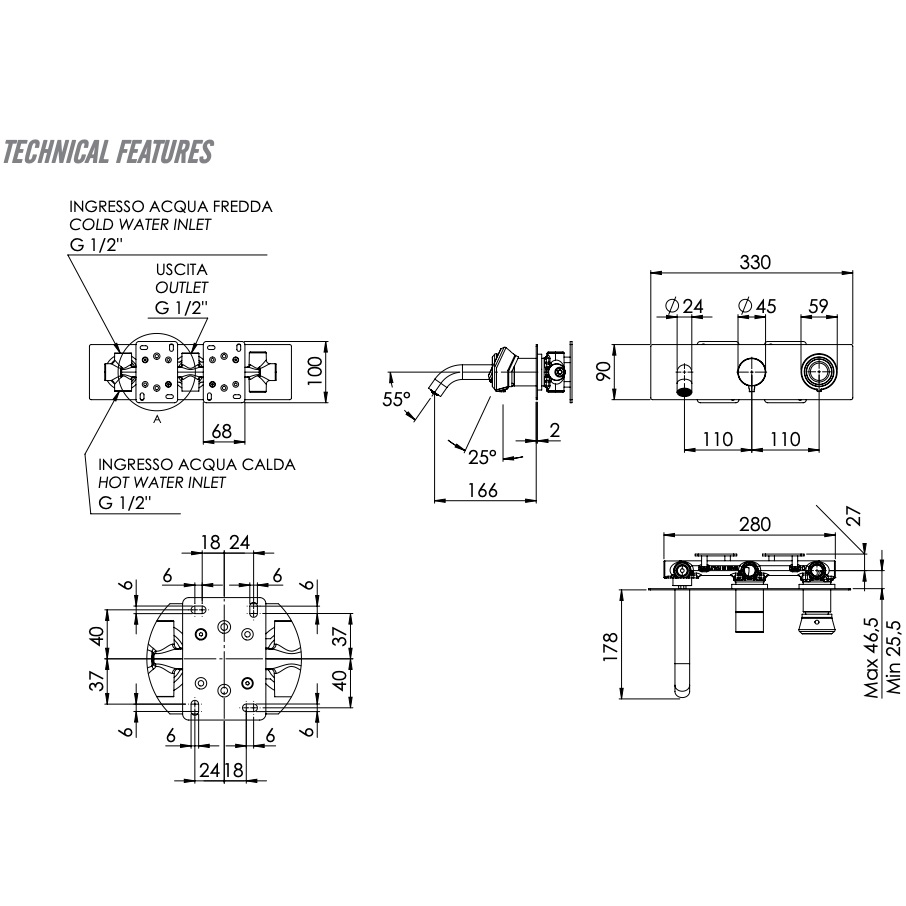 Смеситель для ванны скрытого монтажа Remer Element ET54D2RP (медь брашированная), с изливом