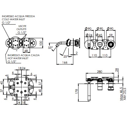 Смеситель для ванны скрытого монтажа Remer Element ET54D3PNO (черный матовый)
