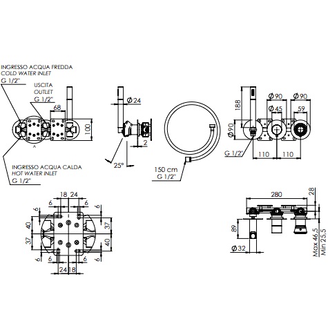 Смеситель для ванны скрытого монтажа Remer Element ET97D2PBG (золото брашированное)