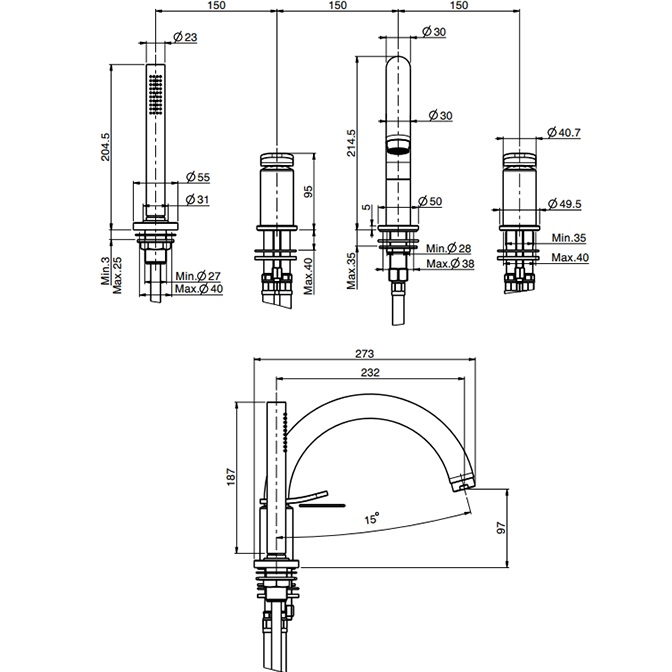 Смеситель на борт ванны Fima Carlo Frattini Flo F3814NCR (хром), с изливом