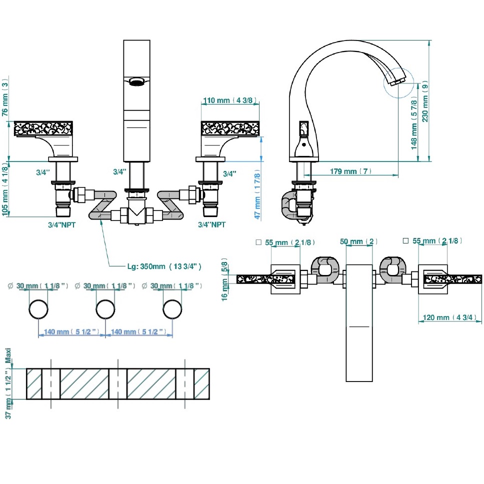 Смеситель на борт ванны THG Ginkgo U5E-F01-25 (золотой, оранжевый хрусталь)