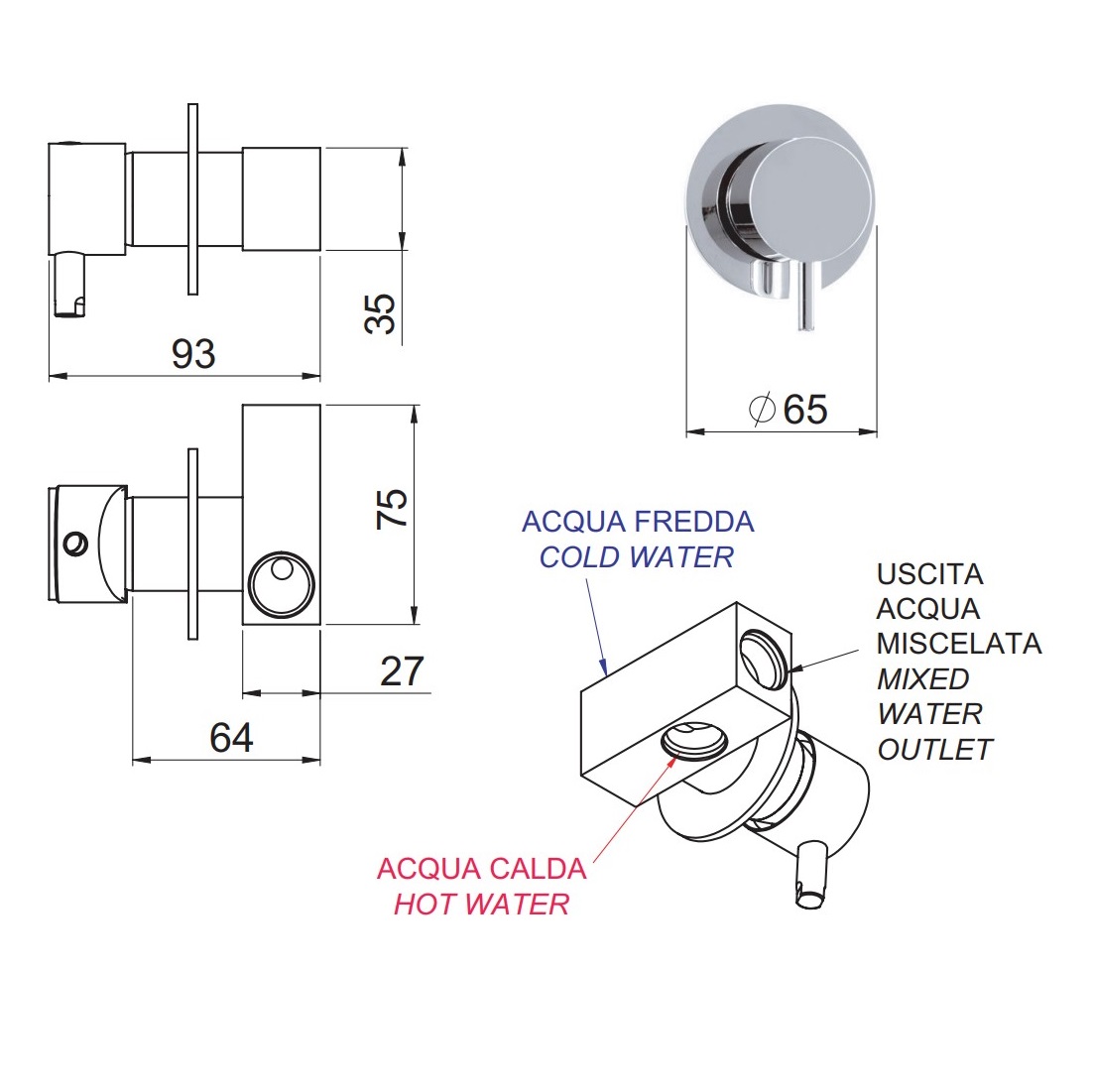 Смеситель для душа Remer Minimal N63 (хром), скрытая часть в комплекте, скрытого монтажа