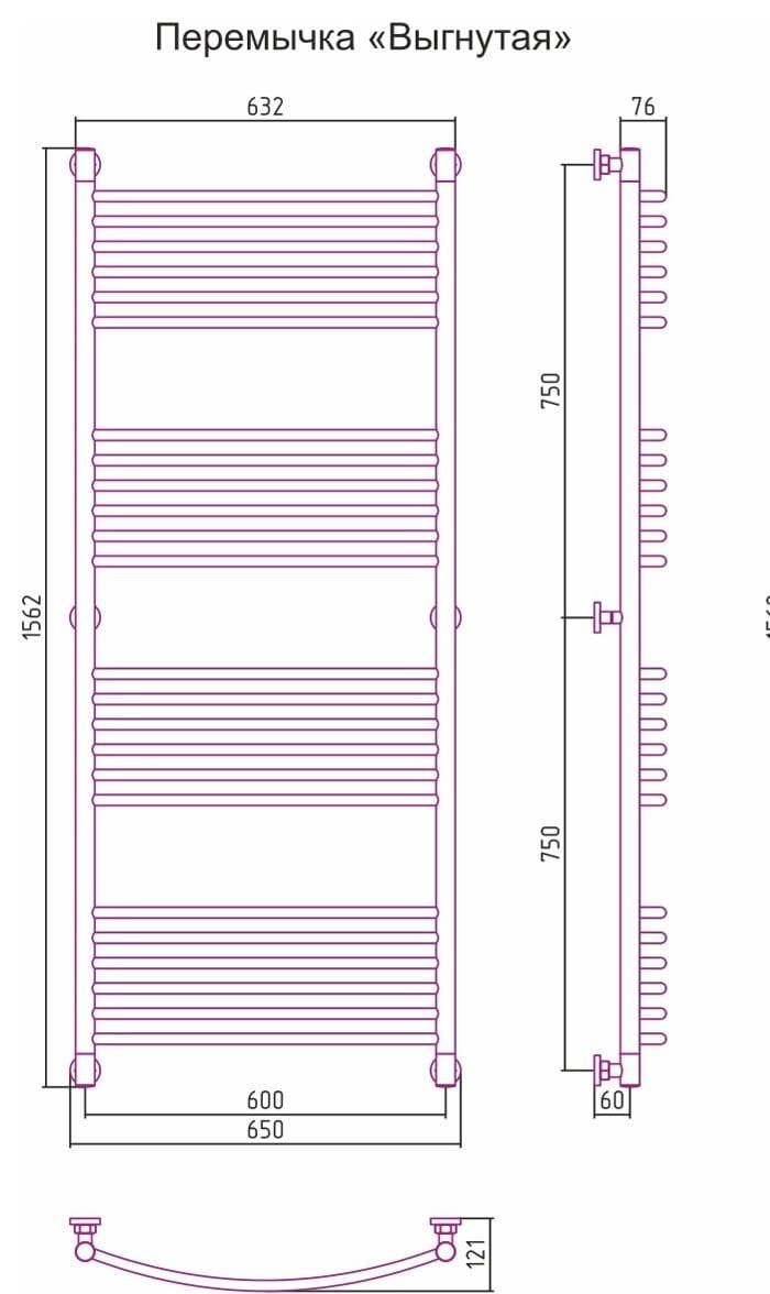 Полотенцесушитель водяной Сунержа Богема+ 00-0221-1560 выгнутая перемычка 150x60