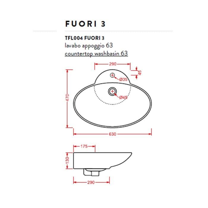 Раковина накладная Artceram Washbasins Fuori TFL004 01 00 bi*1 63х47