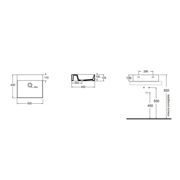 Раковина подвесная/накладная Azzurra Elegance Squared ELLP050450Q0BI/(EQA50 bi)*0 50х45