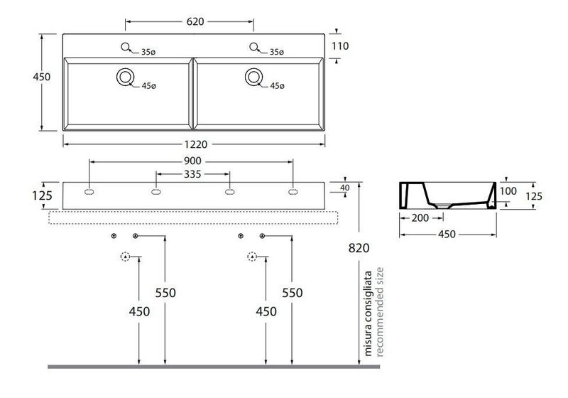 Раковина подвесная/накладная Azzurra Elegance ELLP12245DQMBI/(EQA122 2V/2F bi)*2 122х45
