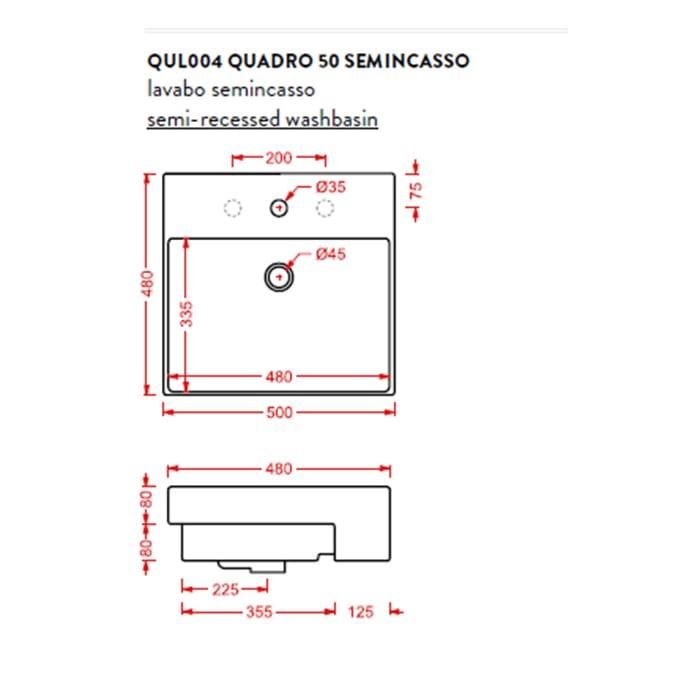 Раковина полувстраиваемая Artceram Quadro QUL004 01 00 bi 50х48