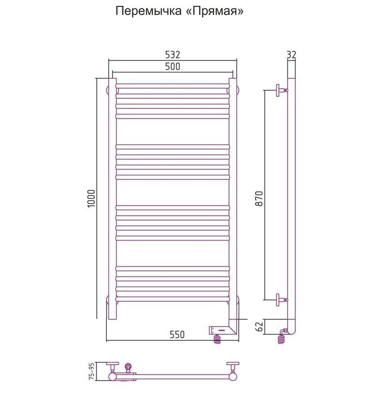 Полотенцесушитель электрический Сунержа Богема 2.0 прямая перемычка правый 00-5205-1050 100x50