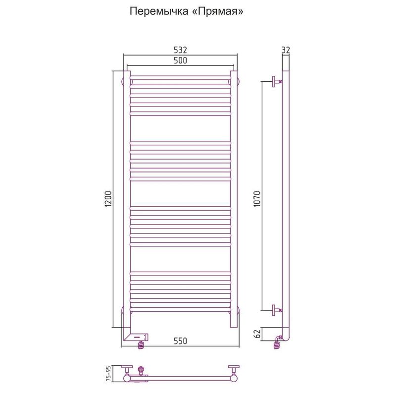 Полотенцесушитель электрический Сунержа Богема 2.0 прямая перемычка левый 00-5204-1250 120x50
