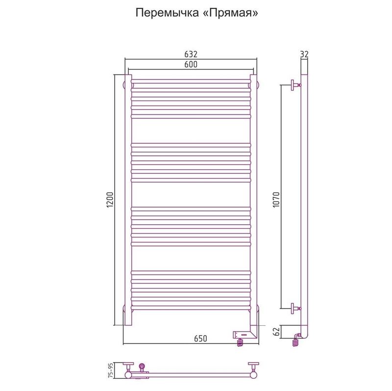 Полотенцесушитель электрический Сунержа Богема 2.0 прямая перемычка правый 00-5205-1260 120x60
