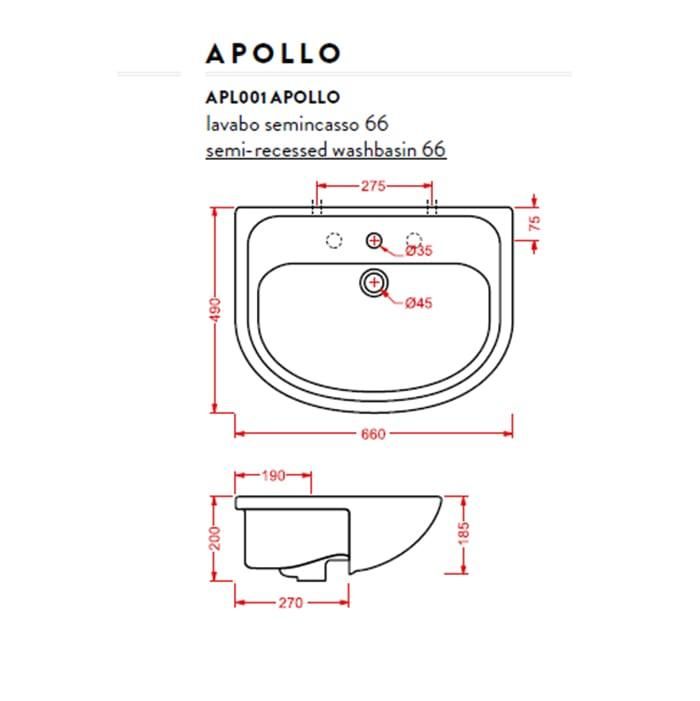 Раковина полувстраиваемая Artceram Washbasins Apollo APL001 01 00 bi*1 66х49