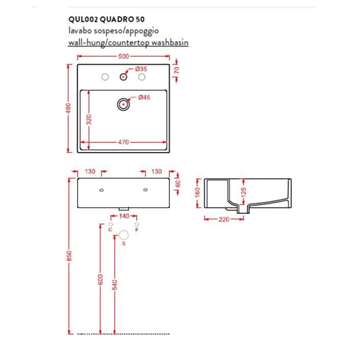 Раковина подвесная/накладная Artceram Quadro QUL002 01 00 bi 50х48