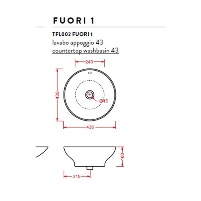Раковина накладная Artceram Washbasins Fuori TFL002 01 00 bi*0 43х16