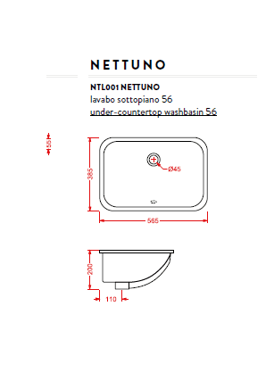 Раковина встраиваемая Artceram Washbasins Nettuno NTL001 01 00 bi*0 56Х38