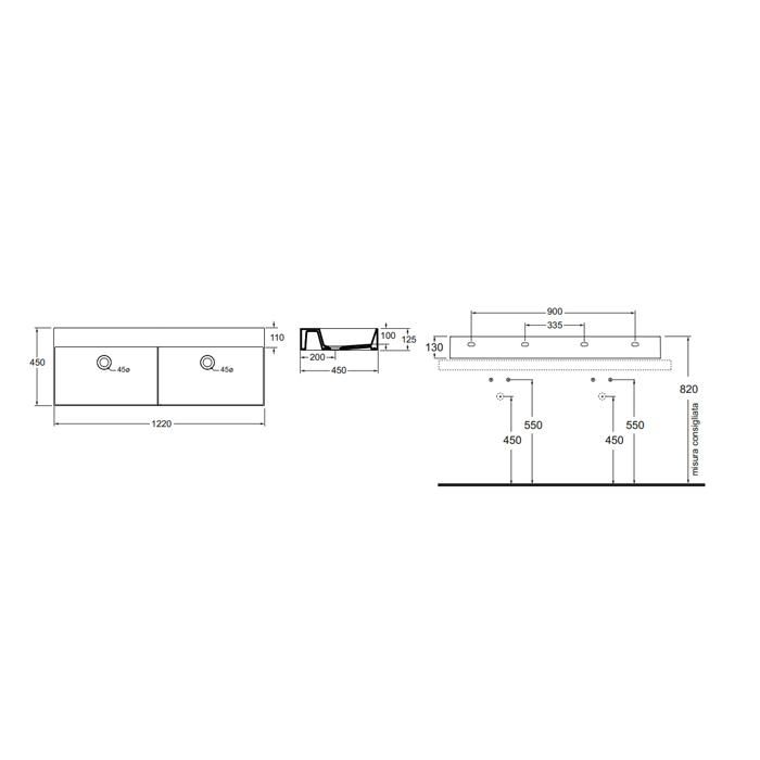 Раковина подвесная/накладная Azzurra Elegance ELLP12245DQ0BI/(EQA122 2V bi)*0 122х45
