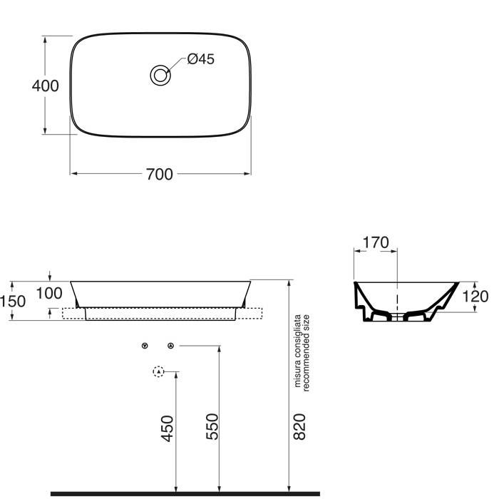 Раковина накладная Azzurra Prua PRLN07040000BI/(PRU70/IN bi)*0 70x40