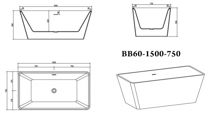 Ванна отдельностоящая BelBagno BB60-1500-750 150x75