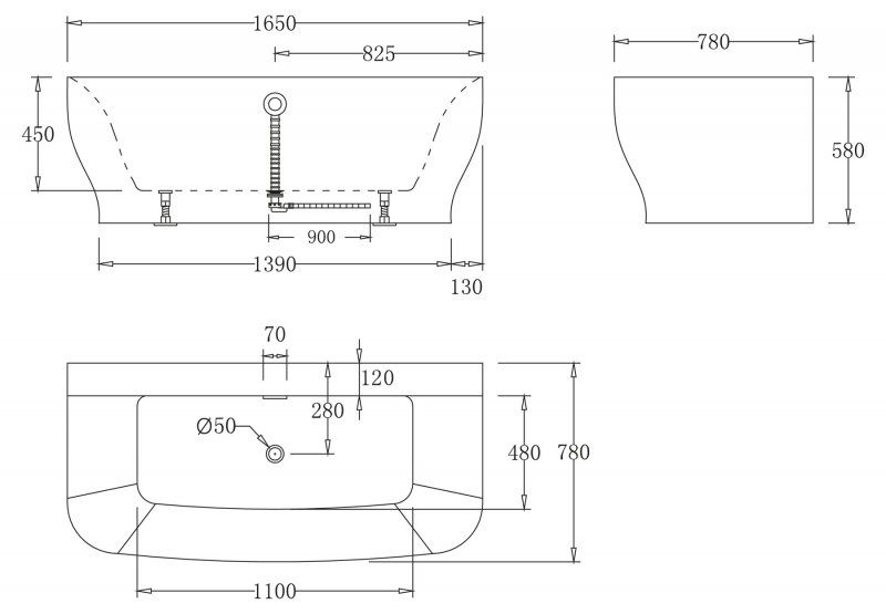 Ванна пристенная BelBagno BB74-1650-W0 165x78