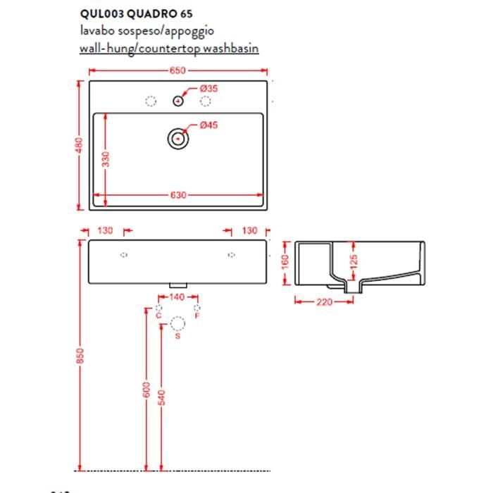 Раковина подвесная/накладная Artceram Quadro QUL003 01 00 bi 65х48