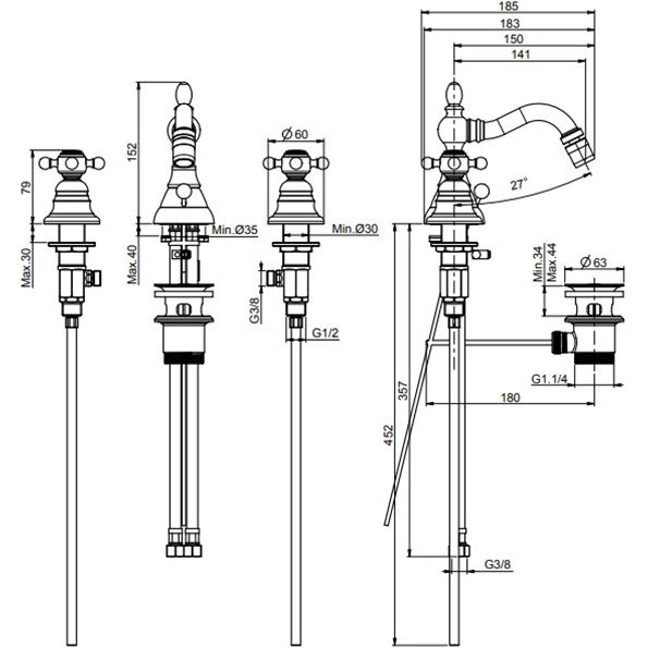 Cмеситель для биде Fima Carlo Frattini Elizabeth F5082OR (золотой), с донным клапаном