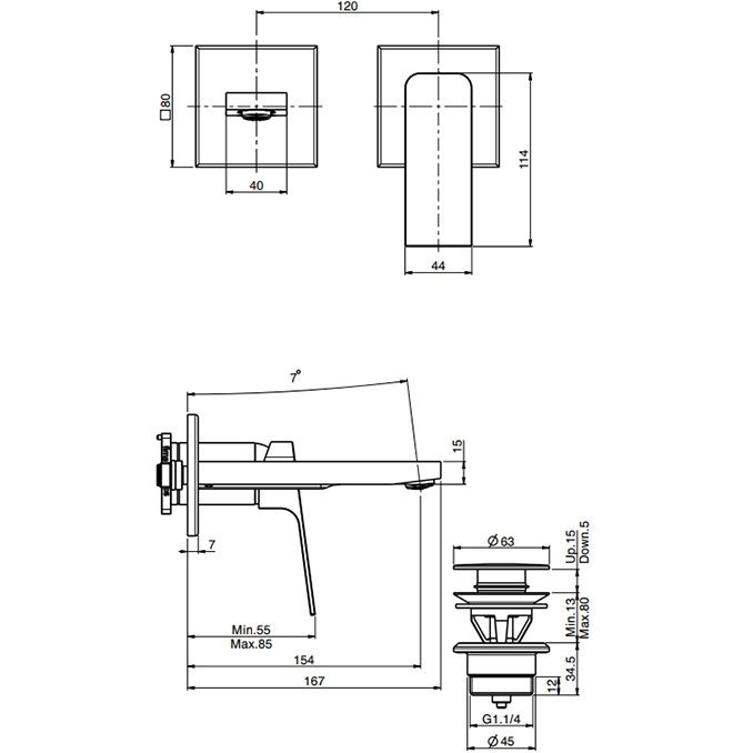 Cмеситель для раковины скрытого монтажа 15.4 см. Fima Carlo Frattini Fit F3391WX8CR (хром), с донным клапаном