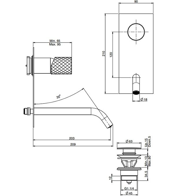 Cмеситель для раковины встраиваемый Fima Carlo Frattini Spillo Tech F3051TWLX5XNS (черный матовый), с донным клапаном