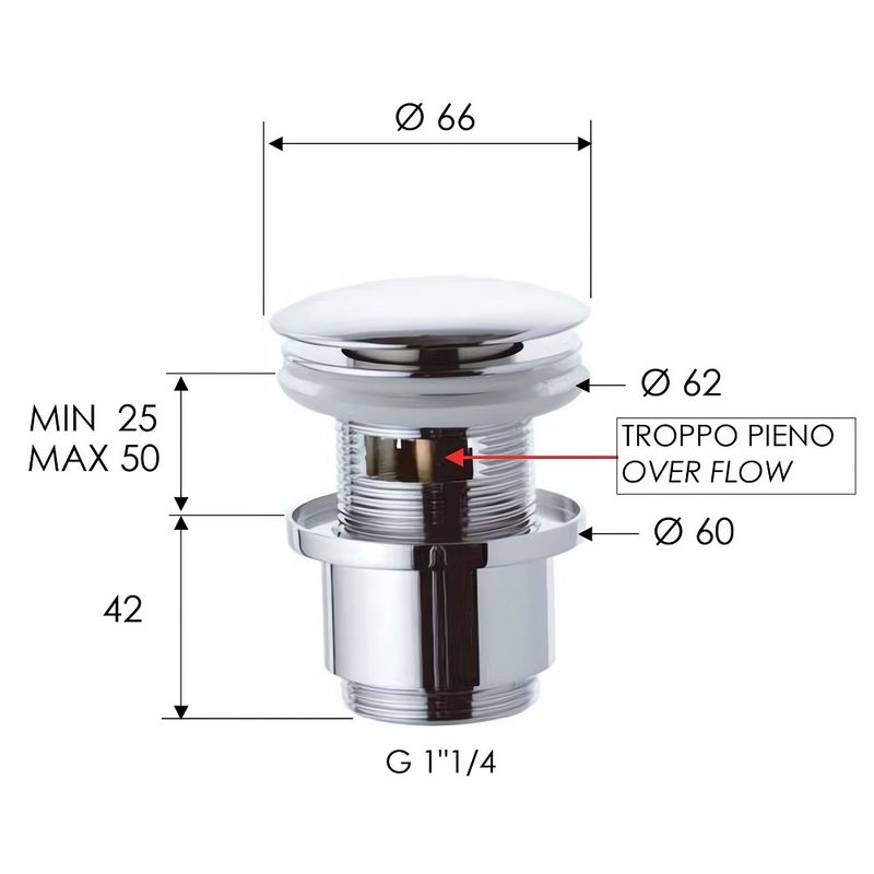 Донный клапан Remer 905CC2114DO (золото глянцевое), с переливом, короткий