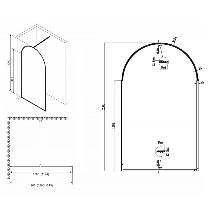 Душевая перегородка Abber Immer Offen AG64120B 120х200 (черный)