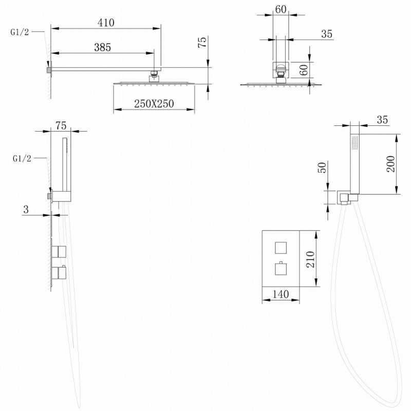 Душевая система скрытого монтажа с термостатом Abber Daheim AF8251NG (оружейная сталь), без излива