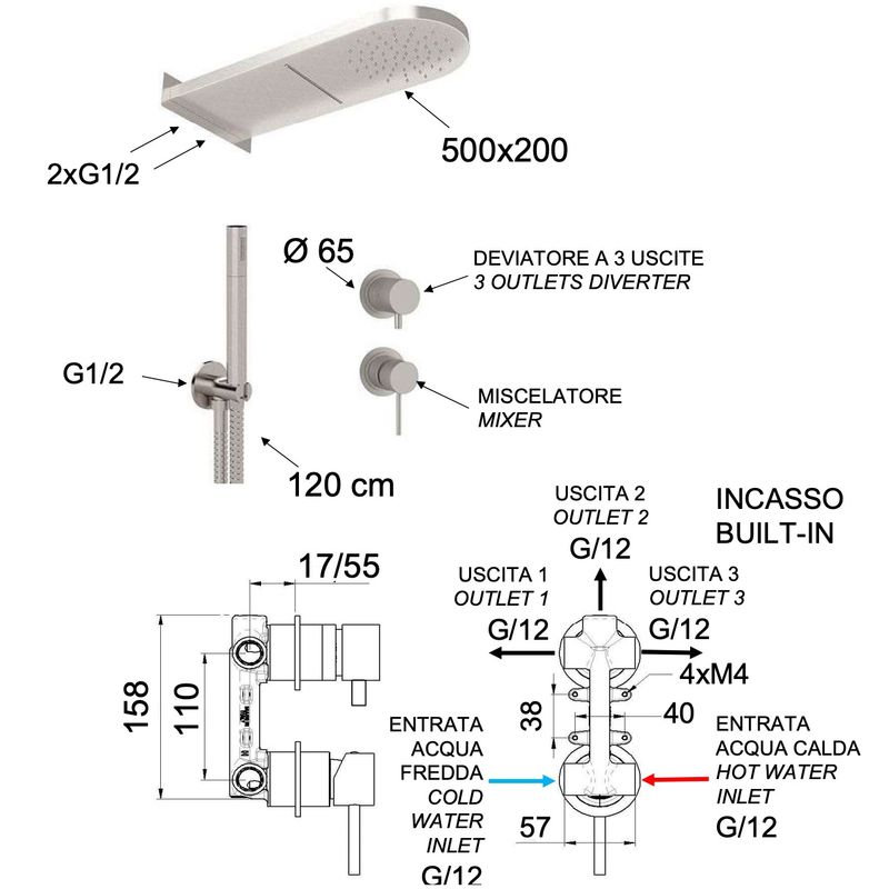 Душевая система Remer Inox SSX93PS02MMCA (сталь), без излива