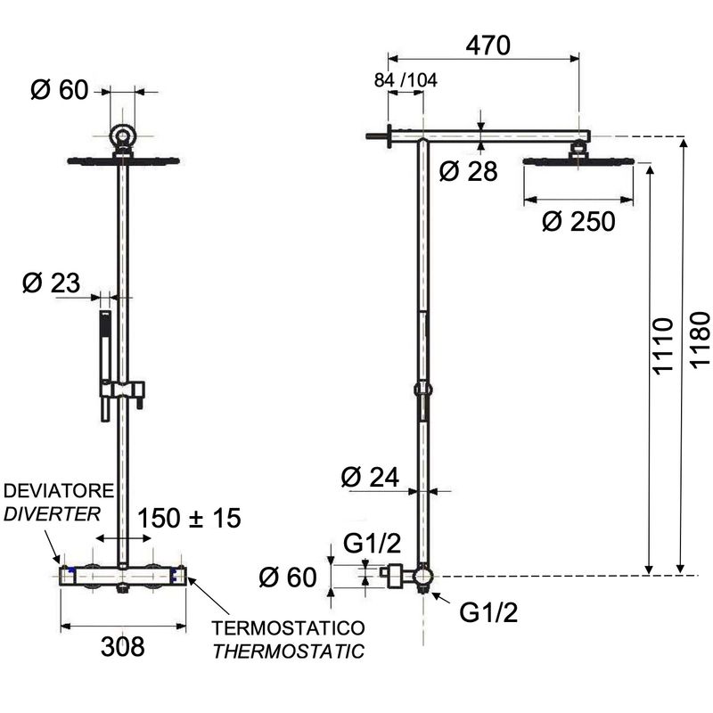 Душевая система Remer Inox SSXT37UFM25 (сталь), с термостатом