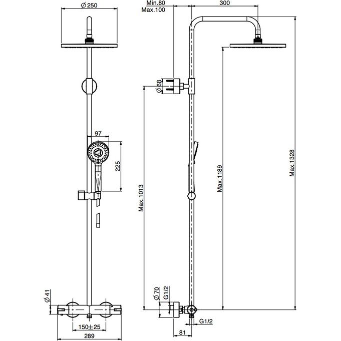 Душевая стойка с верхним душем 25x25 см. Fima Carlo Frattini Wellness Colonne doccia F4905/RP259CR (хром), с термостатом, без излива