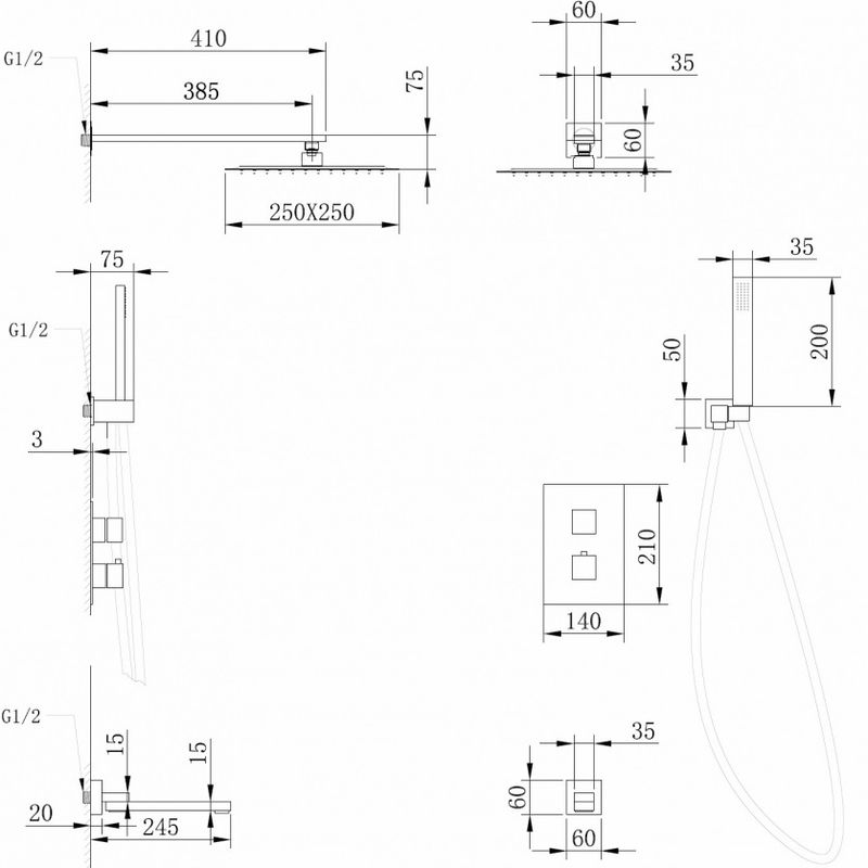 Душевая система скрытого монтажа Abber Daheim AF8250SP (сатин), с термостатом, с изливом