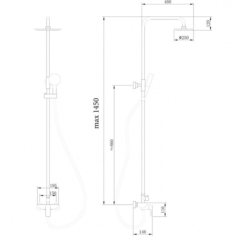 Душевая стойка Abber Weiss Insel AF8020BL 25x25 (черный матовый), без излива