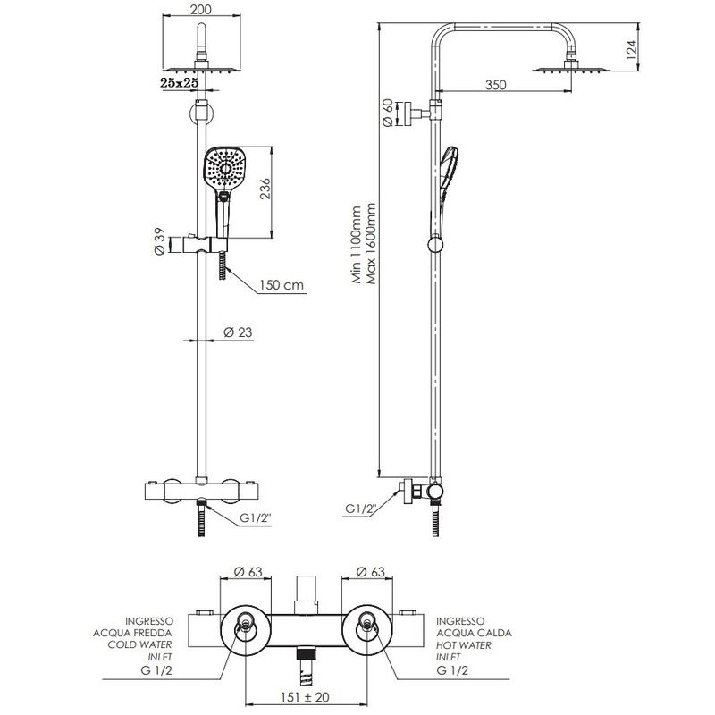 Душевая стойка Remer Elegance EQ32A8CPUFD25 (хром), верхний душ 25 см