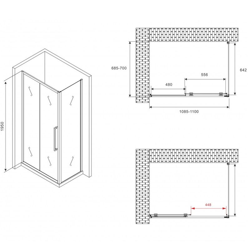 Душевой уголок Abber Schwarzer Diamant  AG30110BH-S70B 110x70x195 (черный матовый)