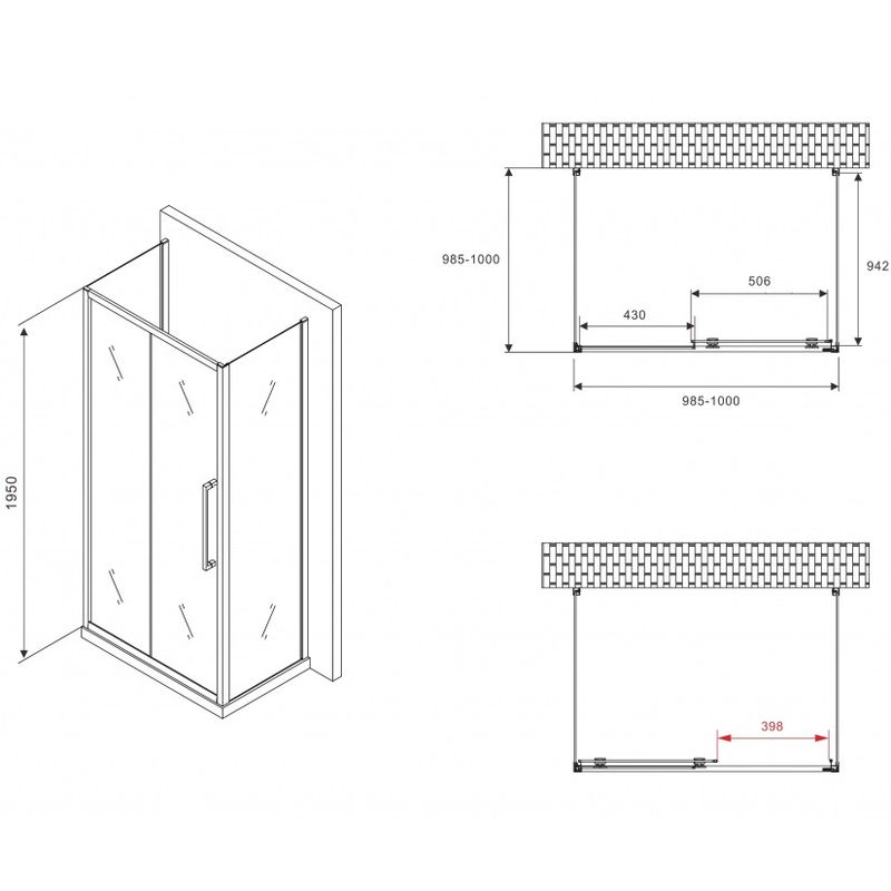 Душевой уголок Abber Schwarzer Diamant AG30100BH-S100B-S100B 100x100x195 (черный матовый), П-образный